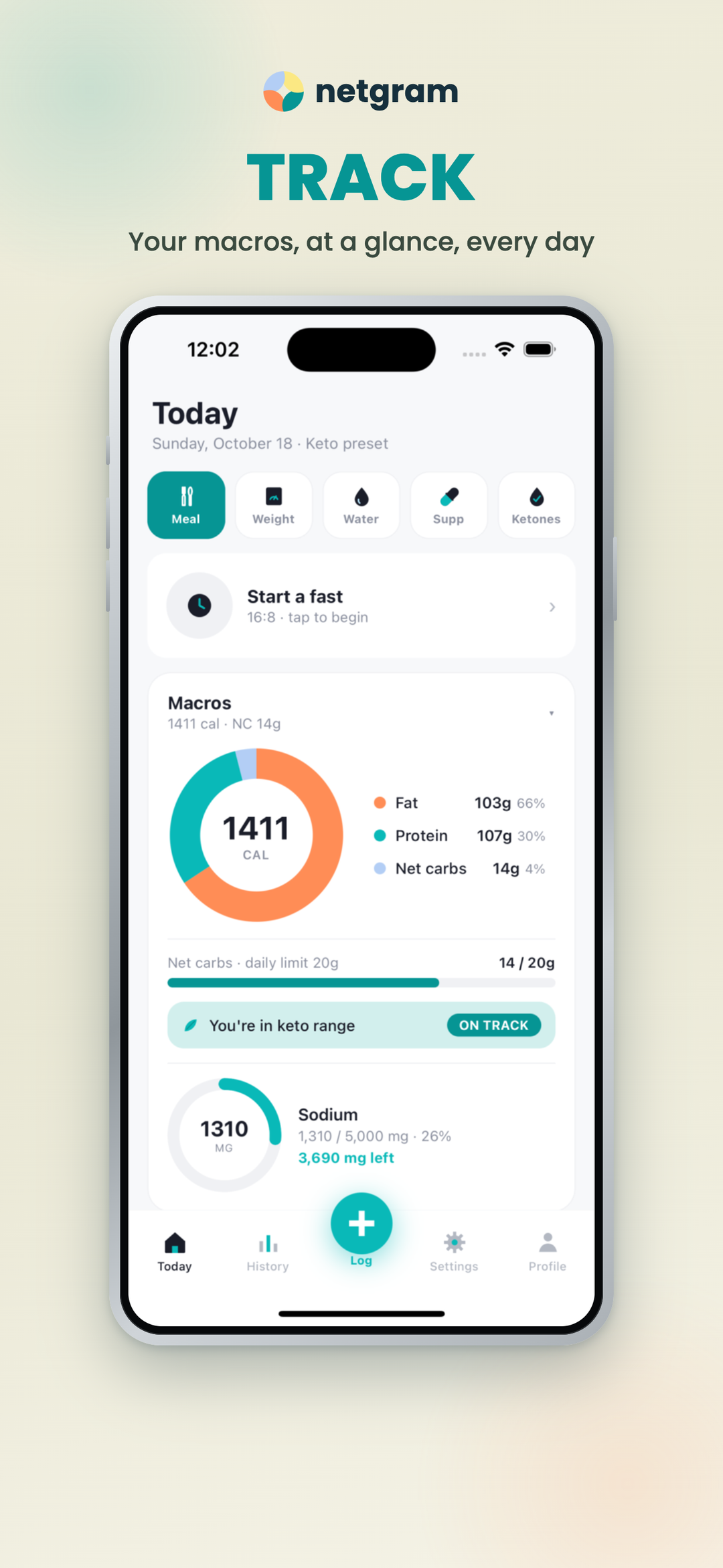 Today dashboard — macros, keto range, quick log